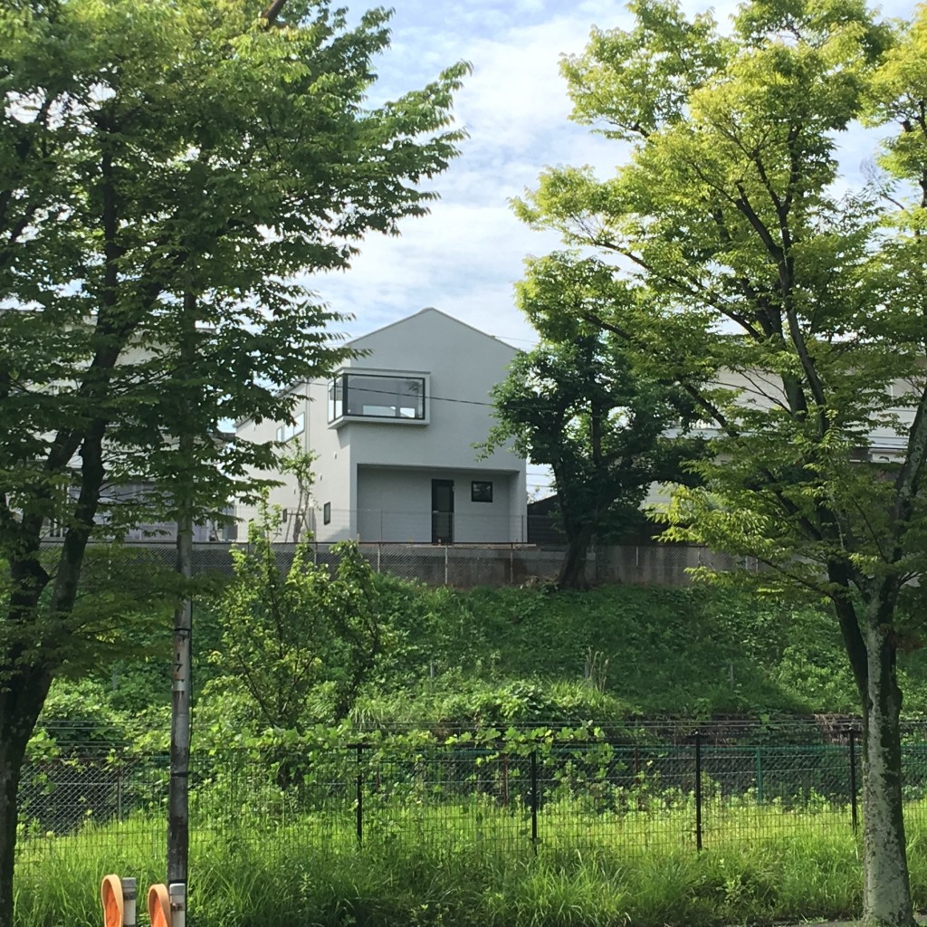 吹田の家：木々の緑越しに見える、三角屋根とコーナー出窓のある白い外観
